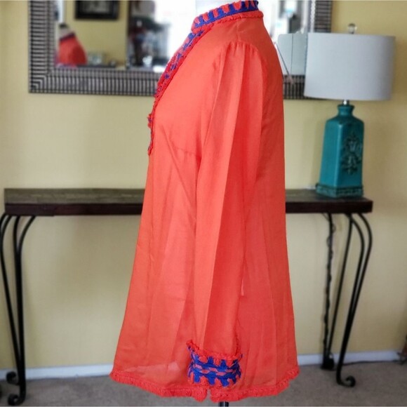 Tory Burch Samba Fringe Trim Tunic/Top Orange Blue Size 6 - Picture 3 of 8